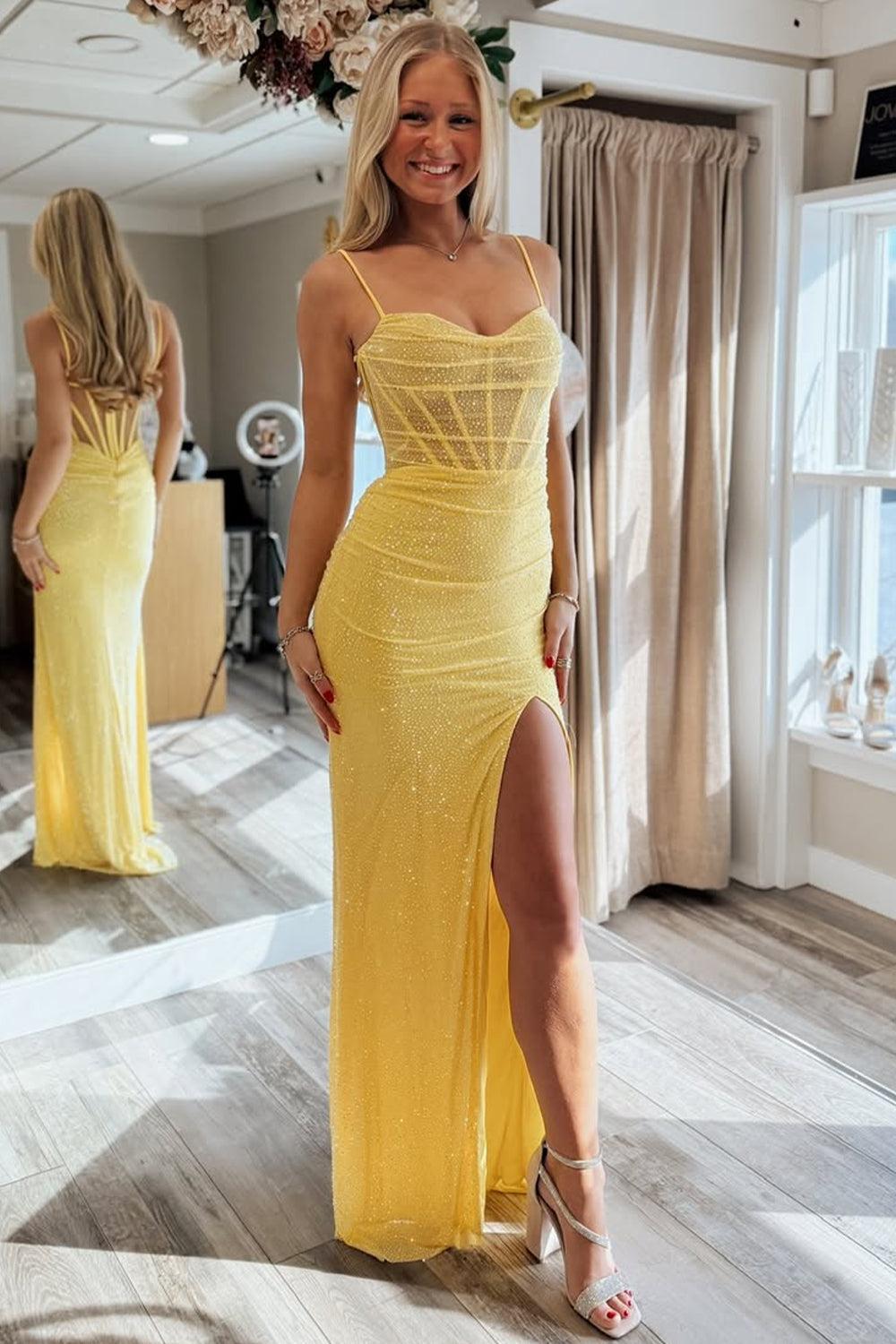 Suzhoufashion Yellow Spaghetti Straps Mermaid Gown With High Slit Prom Dress Formal Evening Gown