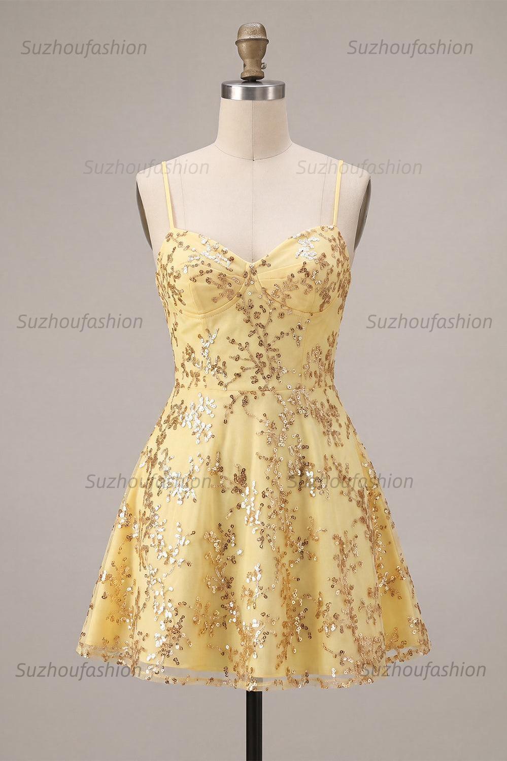 Suzhoufashion Yellow Spaghetti Straps Sequin A-Line Short Homecoming Dress