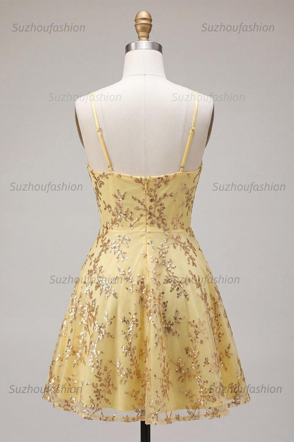 Suzhoufashion Yellow Spaghetti Straps Sequin A-Line Short Homecoming Dress