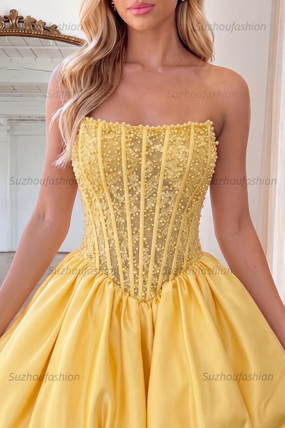 Suzhoufashion Yellow Strapless A-Line Beaded Short Corset Homecoming Dress