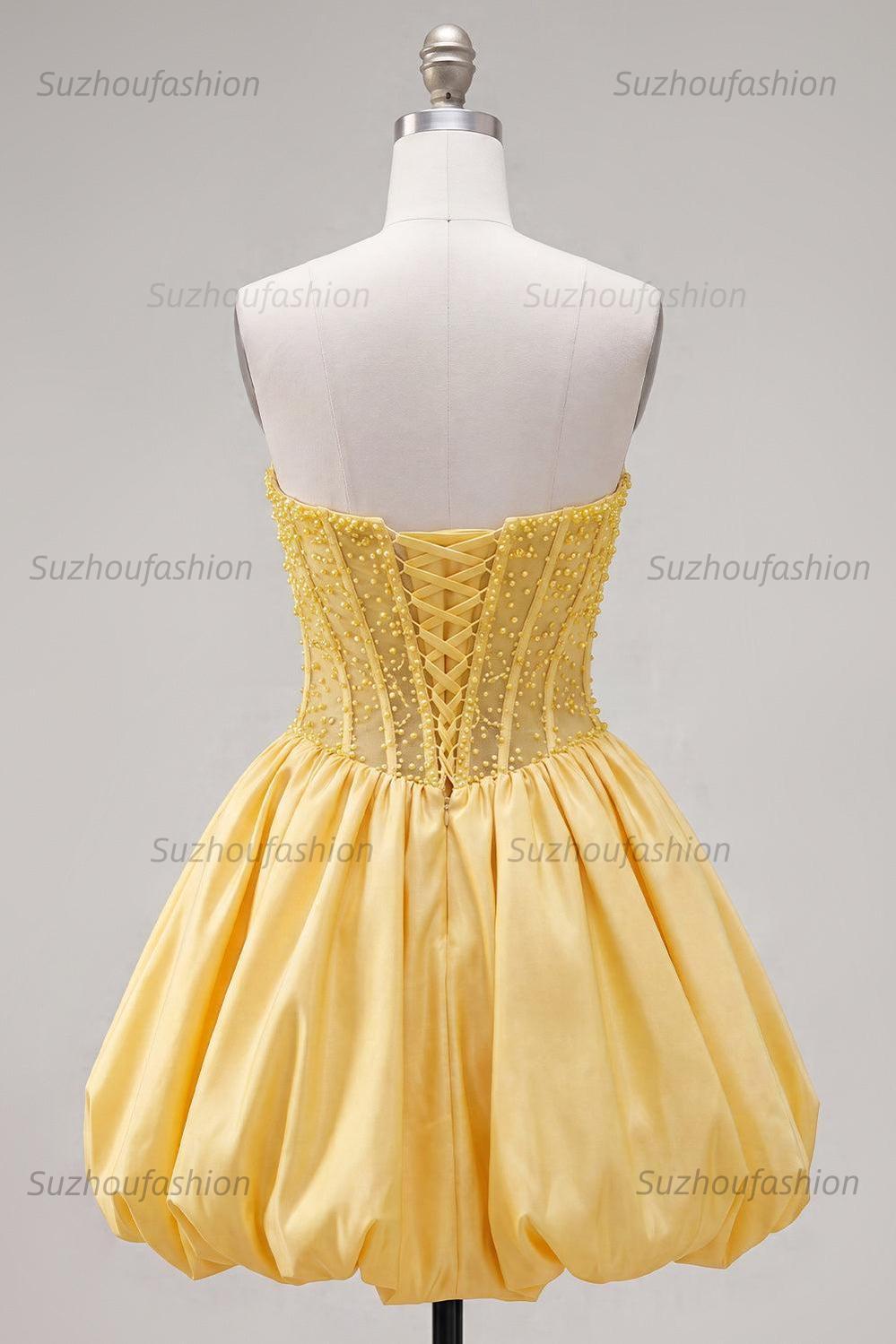 Suzhoufashion Yellow Strapless A-Line Beaded Short Corset Homecoming Dress