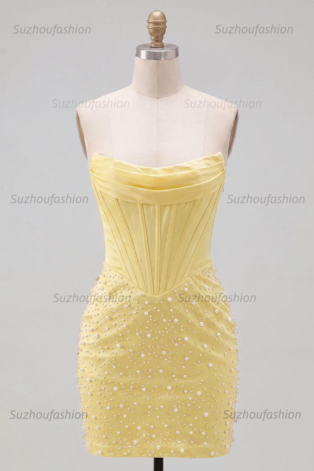 Suzhoufashion Yellow Strapless Beaded Tight Short Corset Homecoming Dress