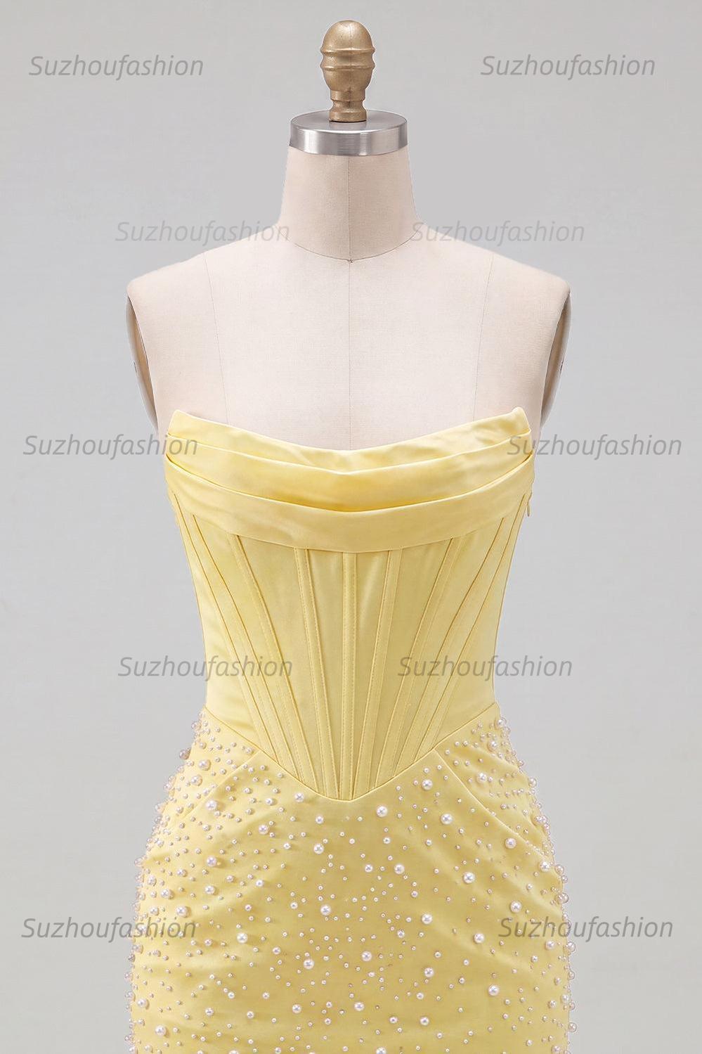 Suzhoufashion Yellow Strapless Beaded Tight Short Corset Homecoming Dress
