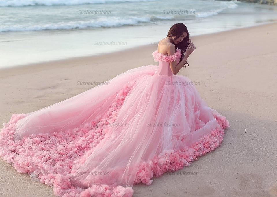 Sweet 16 Quinceanera Dresses Off The Shoulder Corset Canfy Pink Wedding Dress with Flowers