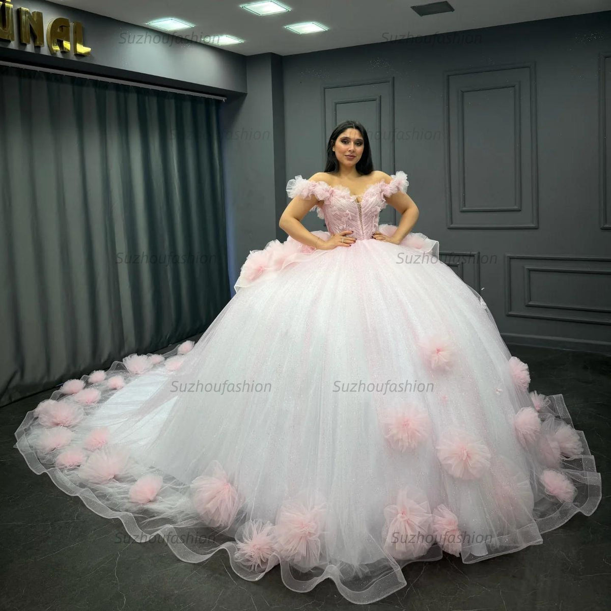 Sweet Ball Gown Off Shoulder Sleeveless Pleated Beaded Flowers Glitter Baby Pink Tulle Quinceanera Dress Forml Evening Dress Birthday Party Dress For Sweet 16