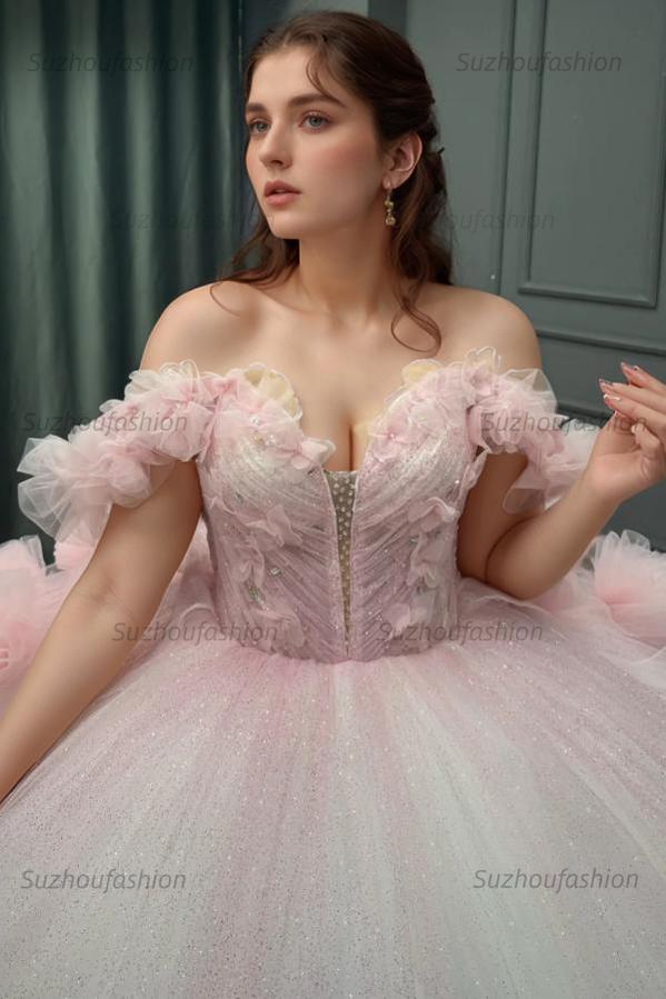 Sweet Ball Gown Off Shoulder Sleeveless Pleated Beaded Flowers Glitter Baby Pink Tulle Quinceanera Dress Forml Evening Dress Birthday Party Dress For Sweet 16