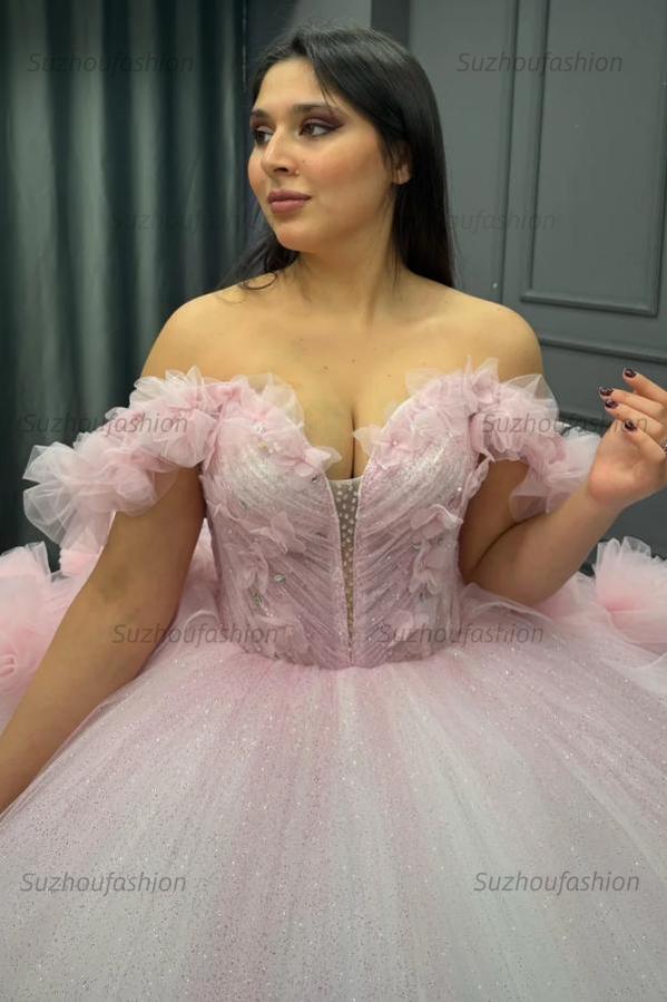 Sweet Ball Gown Off Shoulder Sleeveless Pleated Beaded Flowers Glitter Baby Pink Tulle Quinceanera Dress Forml Evening Dress Birthday Party Dress For Sweet 16
