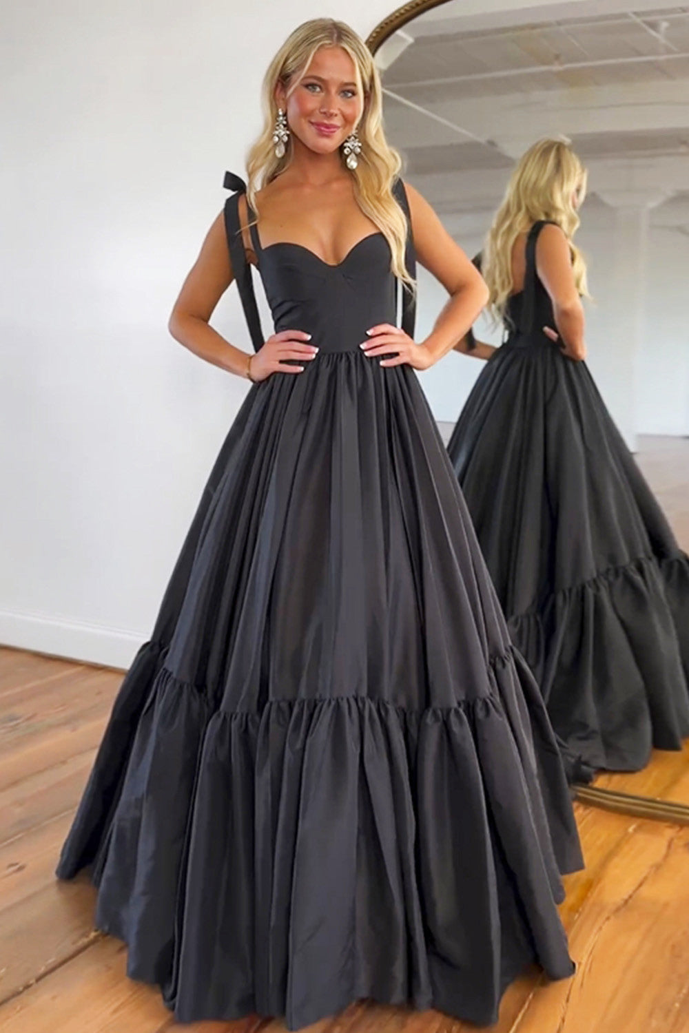 Cute Black A-Line Satin Tie Straps Long Prom Dress - View 7 | VelvetHem