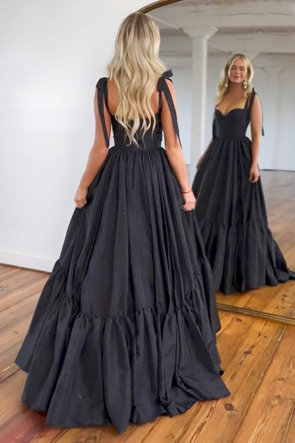Cute Black A-Line Satin Tie Straps Long Prom Dress - View 6 | VelvetHem