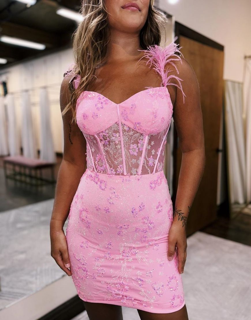 Sweet Bodycon Lace Up Short Tight Homecoming Dress With Feather Straps - View 3 | VelvetHem