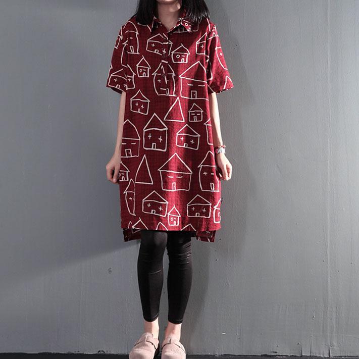 Sweet house print cotton shift dress sundress plus size summer blouse