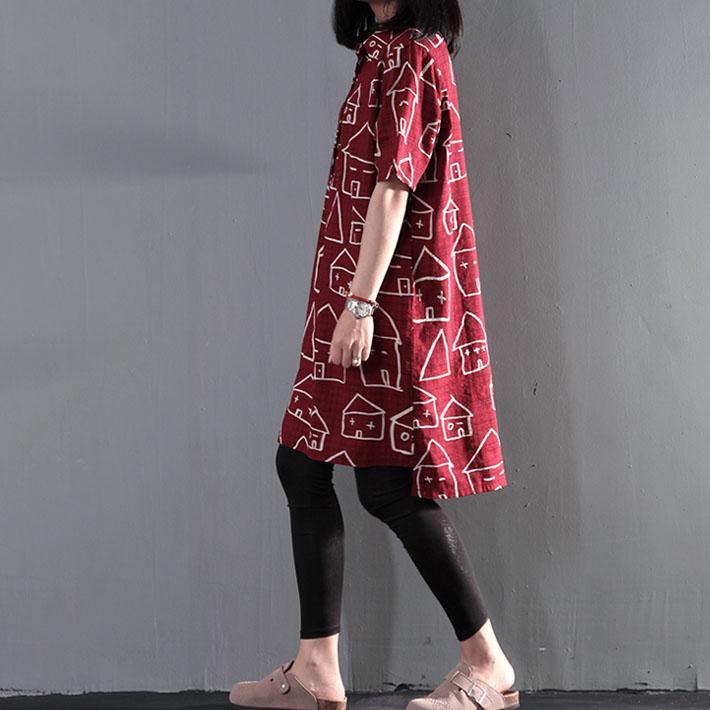 Sweet house print cotton shift dress sundress plus size summer blouse