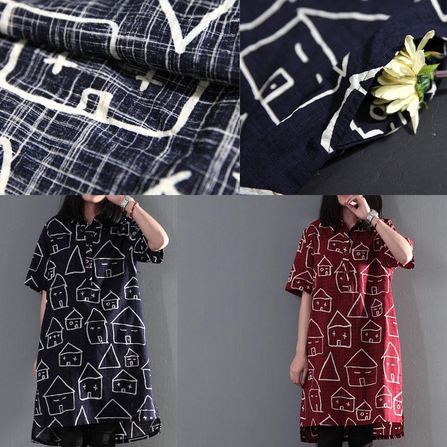 Sweet house print cotton shift dress sundress plus size summer blouse