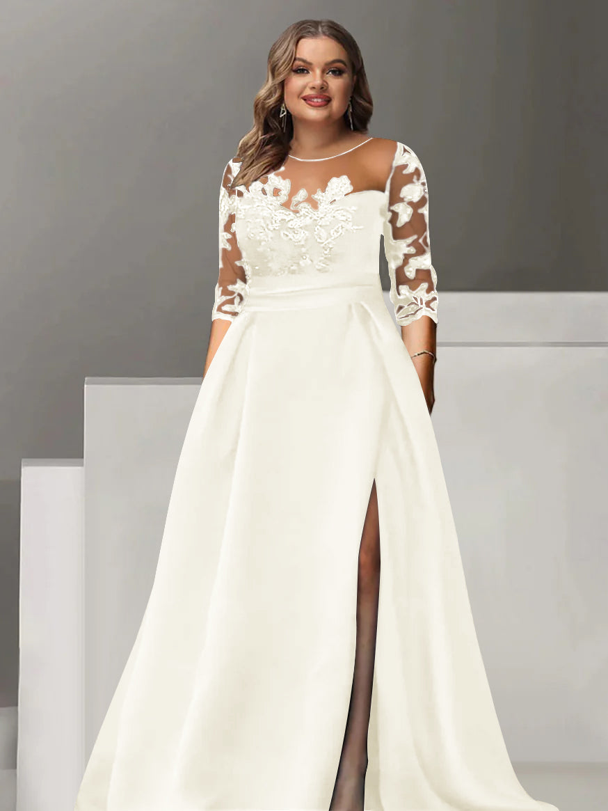 Sweetheart A Line Long Plus Size Mother of the Bride Dress with 3/4 Sleeves Lace & Side Split