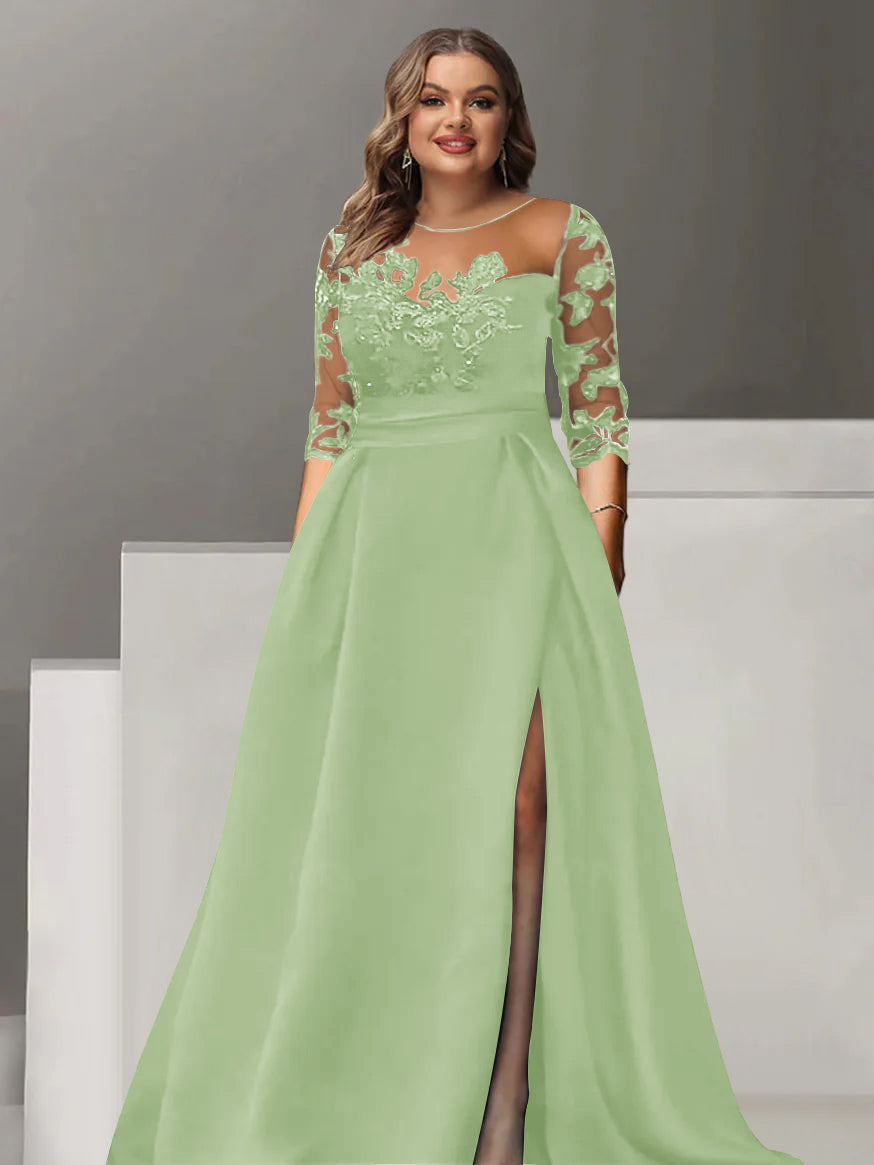 Sweetheart A Line Long Plus Size Mother of the Bride Dress with 3/4 Sleeves Lace & Side Split