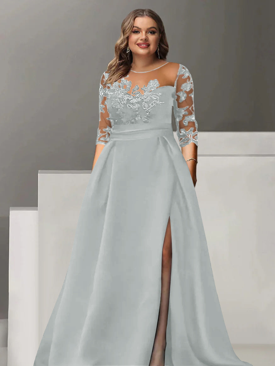 Sweetheart A Line Long Plus Size Mother of the Bride Dress with 3/4 Sleeves Lace & Side Split