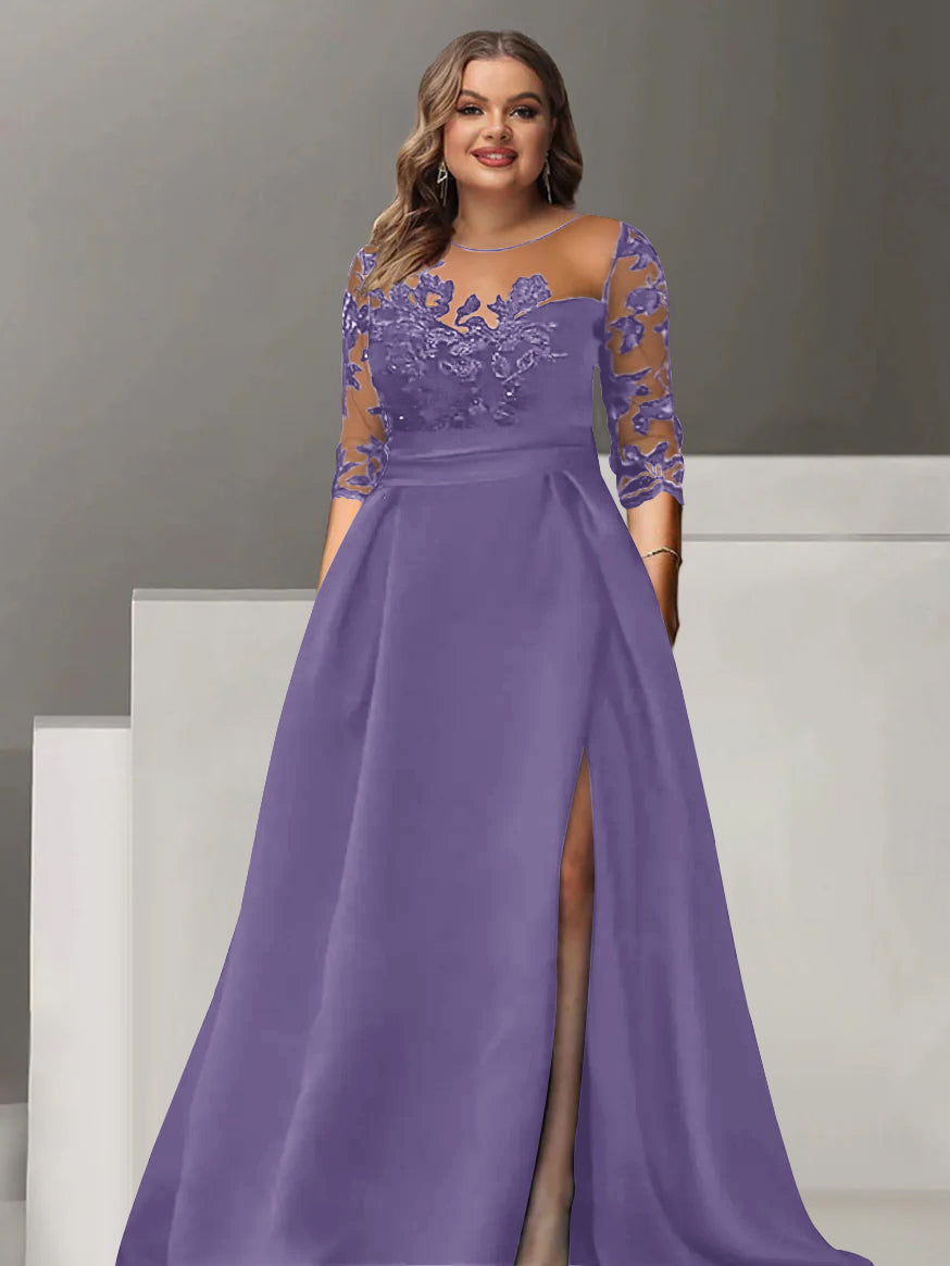 Sweetheart A Line Long Plus Size Mother of the Bride Dress with 3/4 Sleeves Lace & Side Split