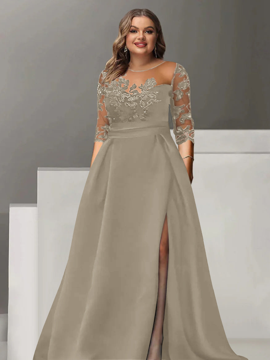 Sweetheart A Line Long Plus Size Mother of the Bride Dress with 3/4 Sleeves Lace & Side Split