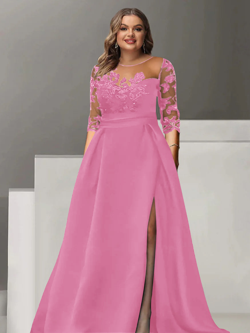Sweetheart A Line Long Plus Size Mother of the Bride Dress with 3/4 Sleeves Lace & Side Split