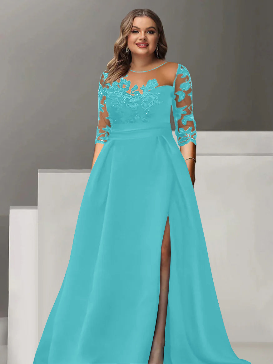 Sweetheart A Line Long Plus Size Mother of the Bride Dress with 3/4 Sleeves Lace & Side Split