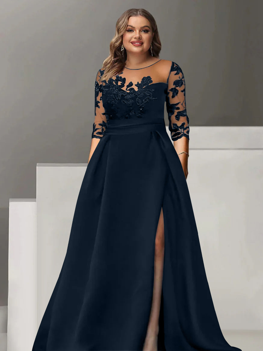 Sweetheart A Line Long Plus Size Mother of the Bride Dress with 3/4 Sleeves Lace & Side Split