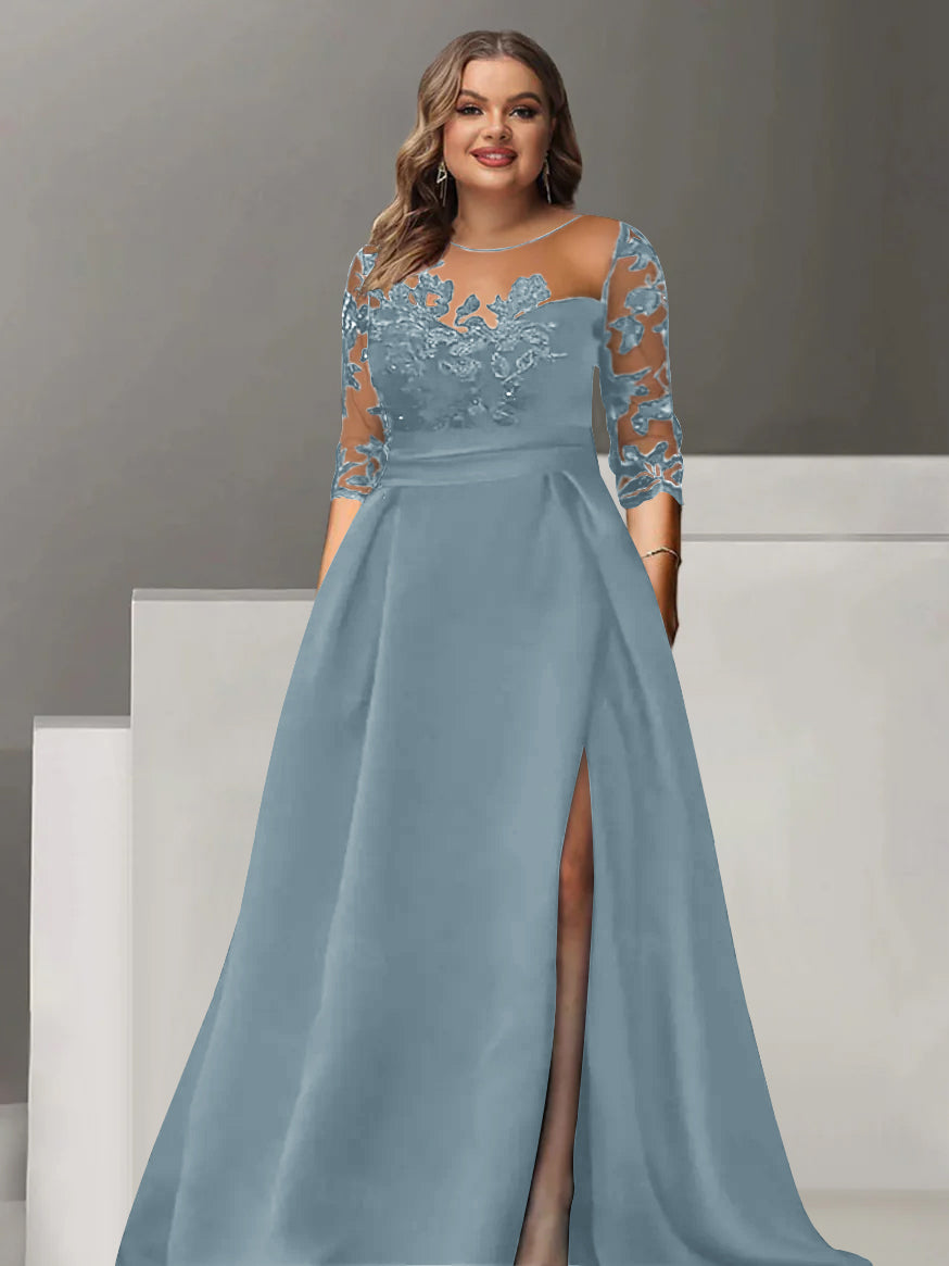 Sweetheart A Line Long Plus Size Mother of the Bride Dress with 3/4 Sleeves Lace & Side Split