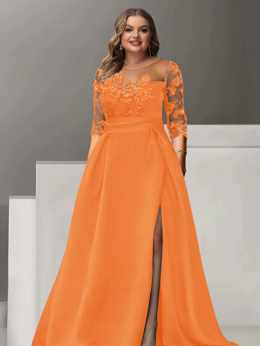 Sweetheart A Line Long Plus Size Mother of the Bride Dress with 3/4 Sleeves Lace & Side Split