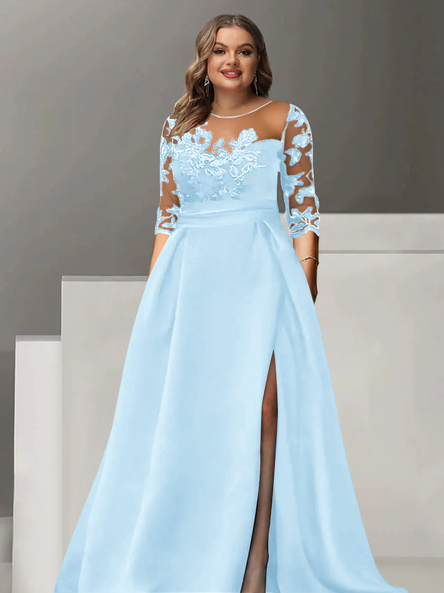 Sweetheart A Line Long Plus Size Mother of the Bride Dress with 3/4 Sleeves Lace & Side Split