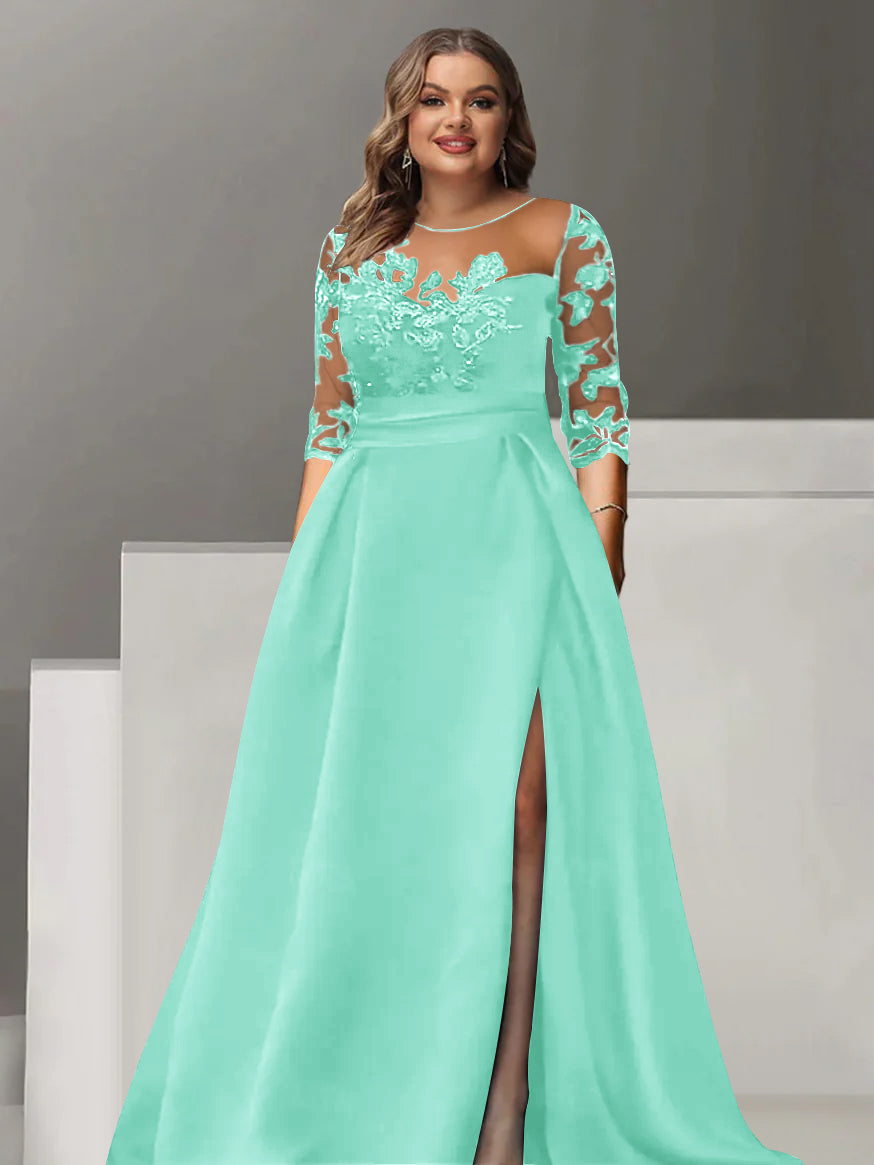 Sweetheart A Line Long Plus Size Mother of the Bride Dress with 3/4 Sleeves Lace & Side Split