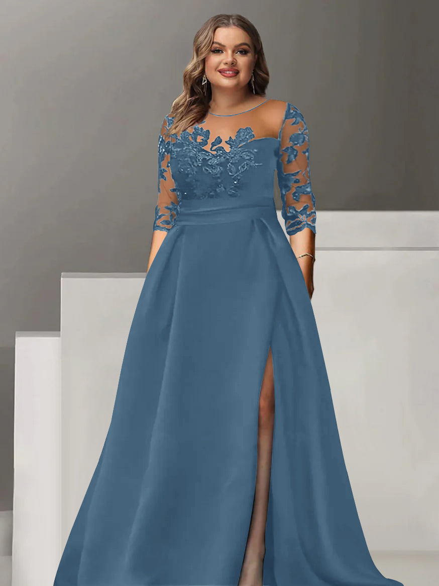 Sweetheart A Line Long Plus Size Mother of the Bride Dress with 3/4 Sleeves Lace & Side Split