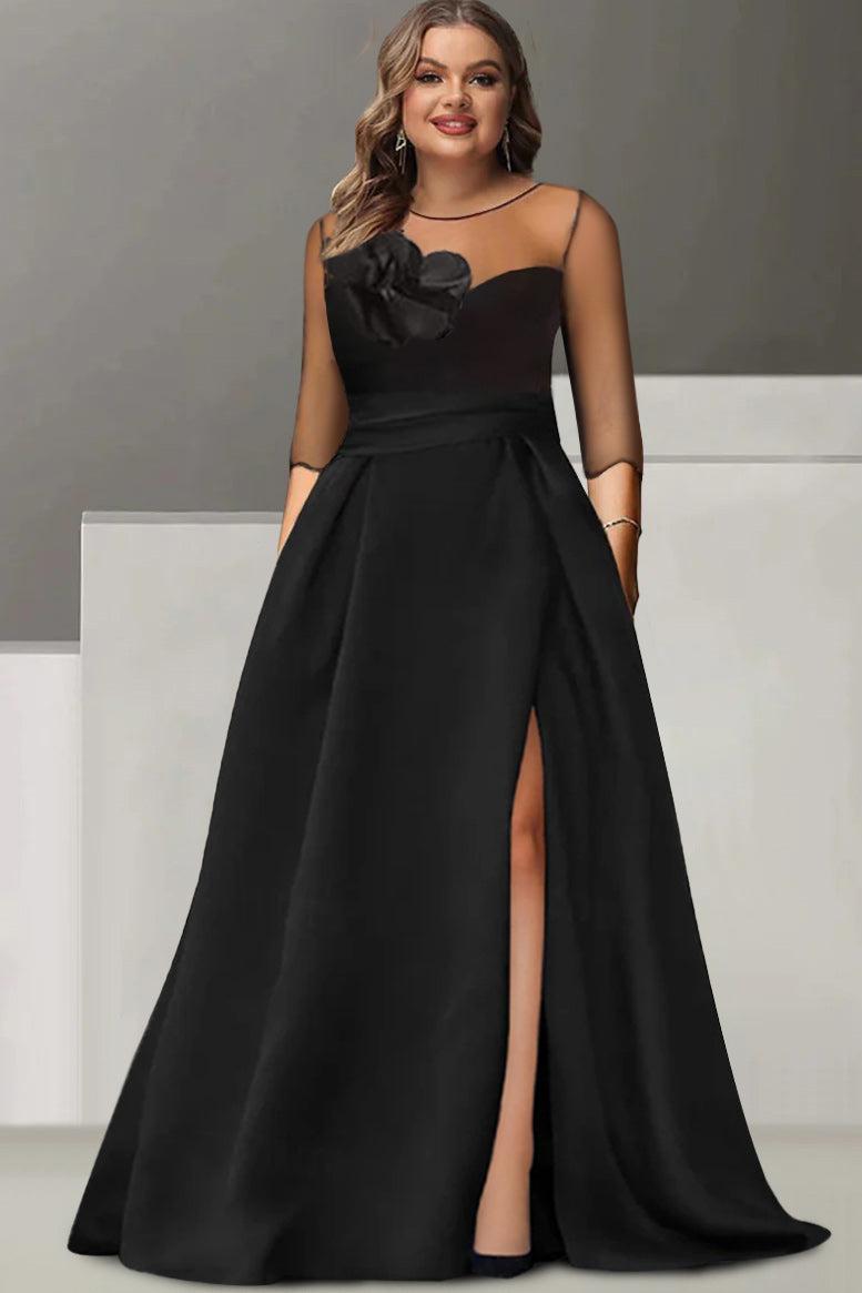 Sweetheart A Line Plus Size Mother of the Bride Dress with 3/4 Sleeves Lace Flower & High Split