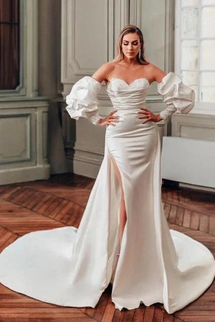 Sweetheart A-Line Split Front Stain Long Sleeve Wedding Dresses with Ruffles (ZD15727)