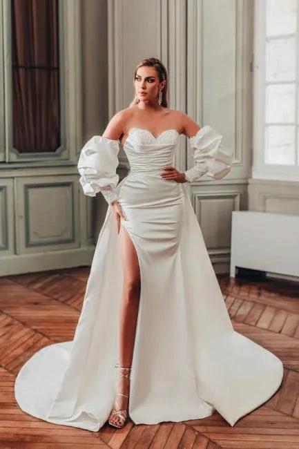 Sweetheart A-Line Split Front Stain Long Sleeve Wedding Dresses with Ruffles (ZD15727) - VelvetHem