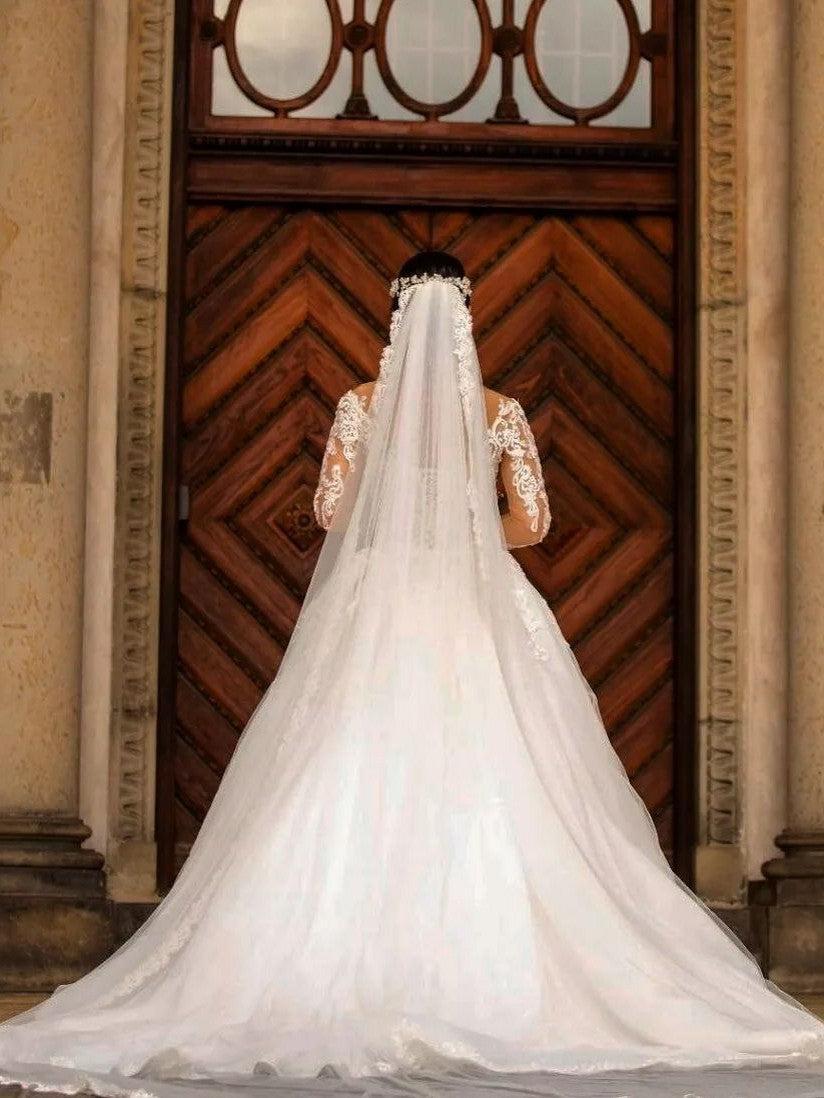 Sweetheart Appliques Lace Long Sleeve Mermaid Wedding Dresses with Train