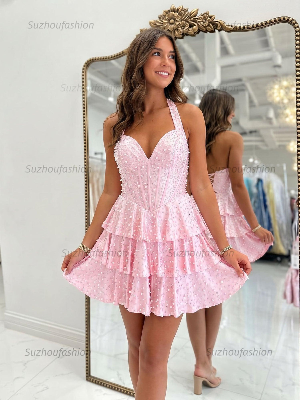 Suzhoufashion Sweetheart Beaded Corset Satin Short Homecoming Dresses with Slit