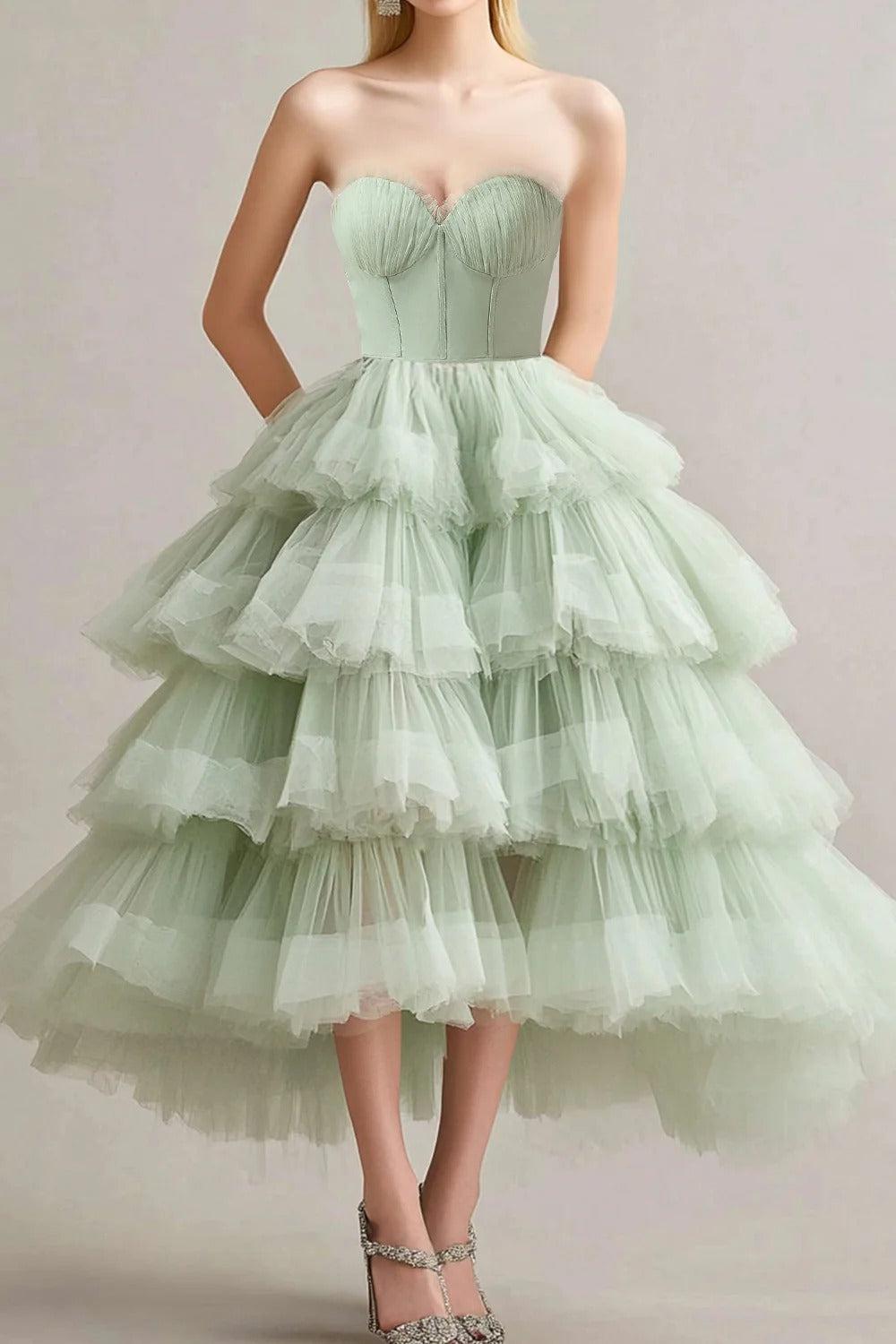 Sweetheart Corset A Line Sage Wedding Guest Dress Tulle Tiered Long Prom Dress With Ruffles