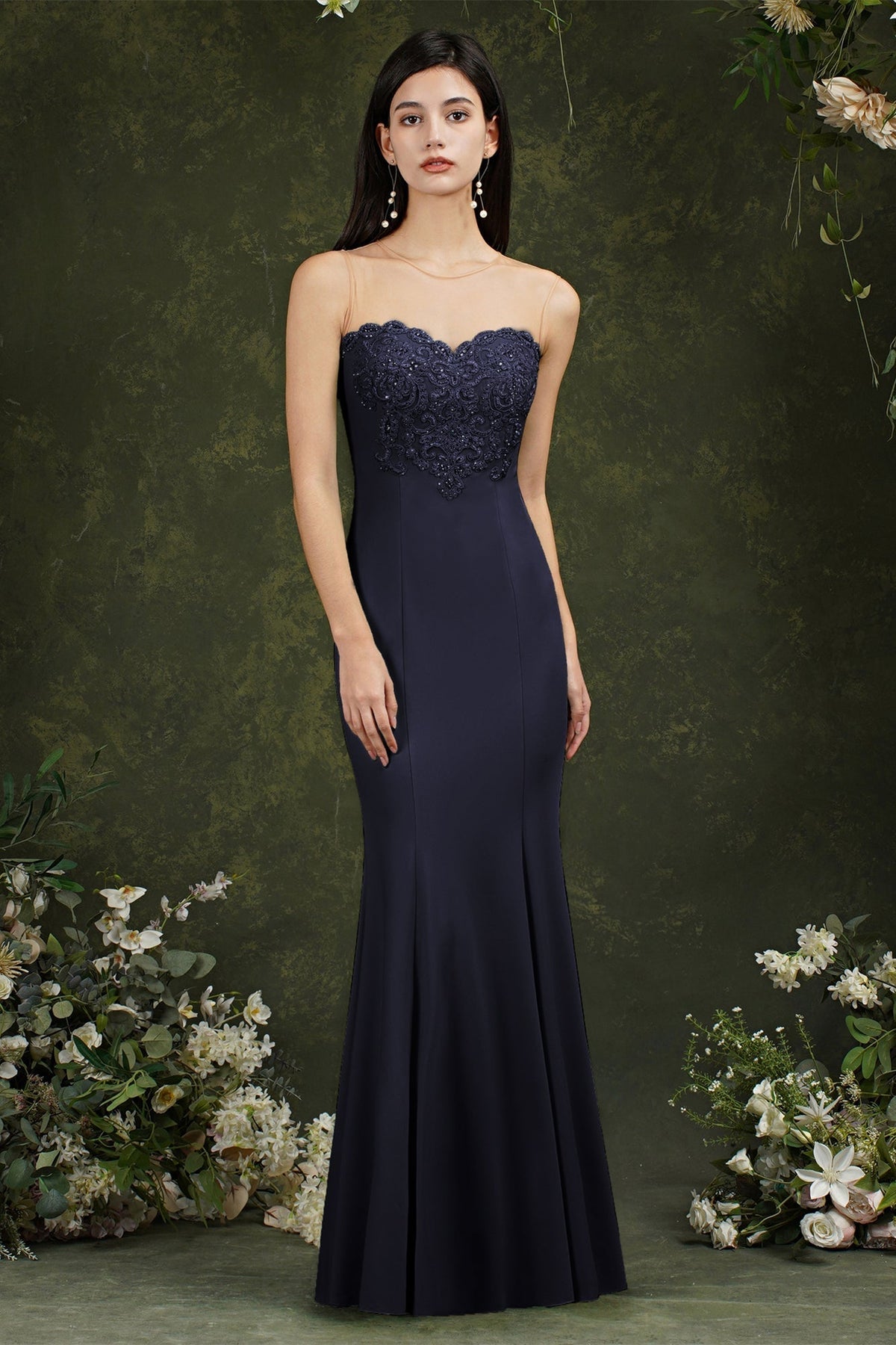 Sweetheart Floral Lace Tulle Mermaid Long Formal Dress