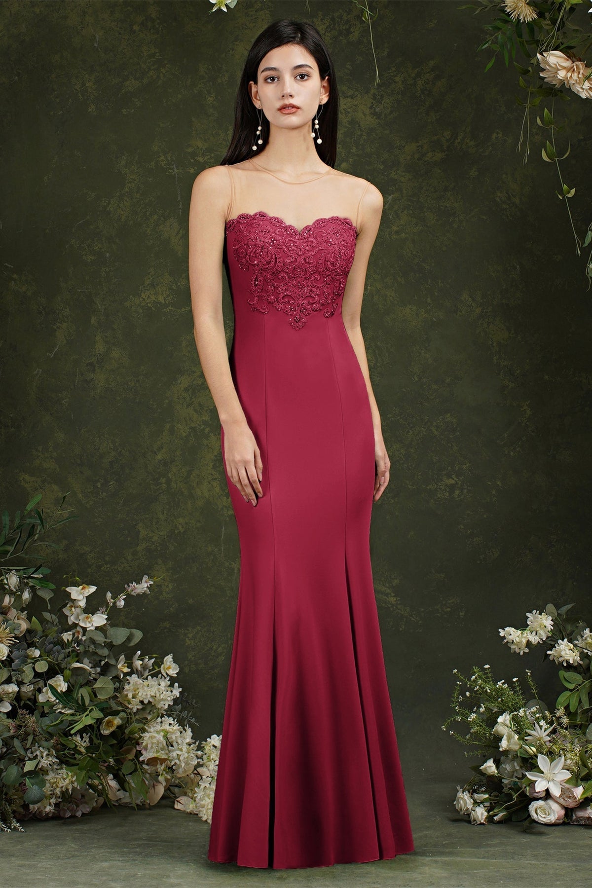Sweetheart Floral Lace Tulle Mermaid Long Formal Dress