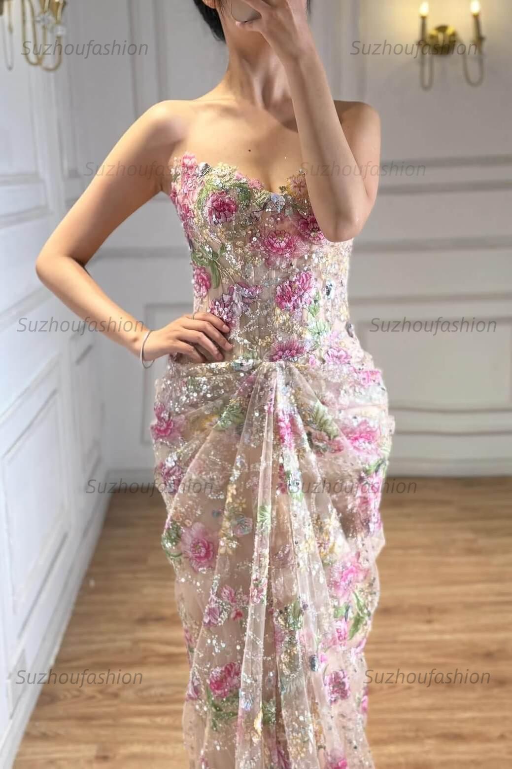 Suzhoufashion Sweetheart Floral Prom Dress Mermaid Tulle Lace Up Back Formal Gown