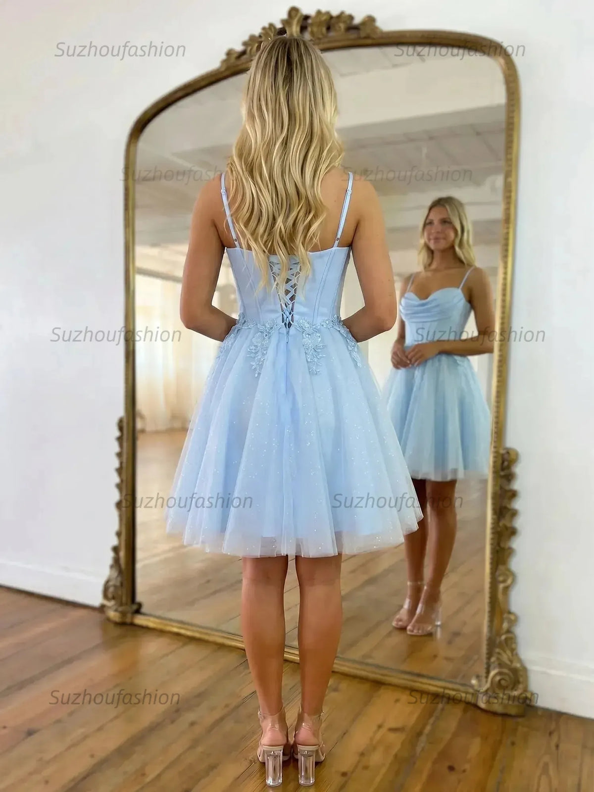 Suzhoufashion Sweetheart Glitter Tulle Mini Dress with 3D Floral Waist Detail Homecoming Dresses