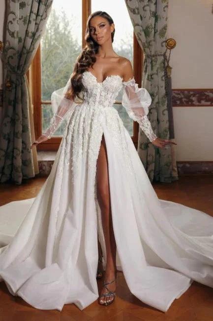 Sweetheart High Neck Bubble Sleeves Princess Wedding Dress (ZD15708)