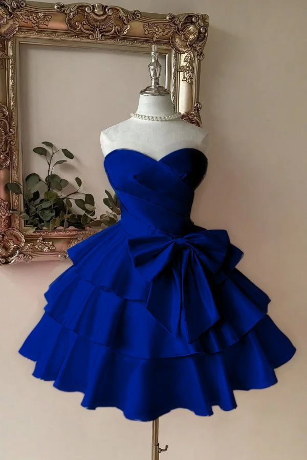 Sweetheart Homecoming Dress A Line Tiered Satin Short Evening Formal Dress With Bowknot