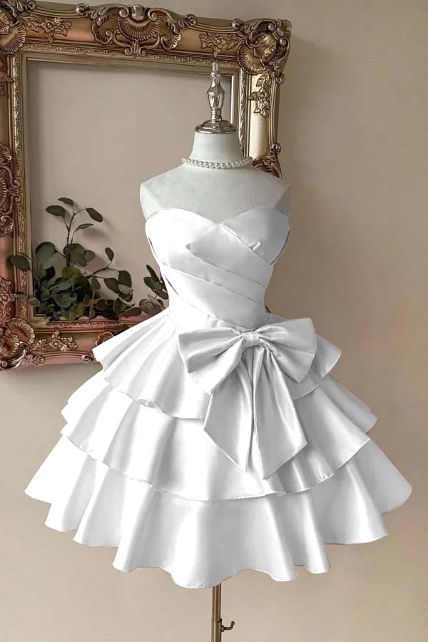 Sweetheart Homecoming Dress A Line Tiered Satin Short Evening Formal Dress With Bowknot