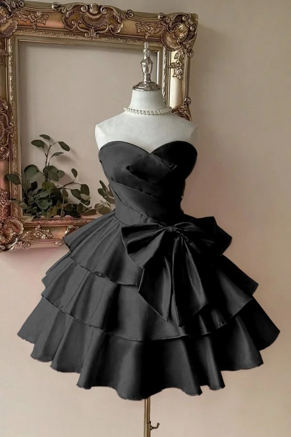 Sweetheart Homecoming Dress A Line Tiered Satin Short Evening Formal Dress With Bowknot