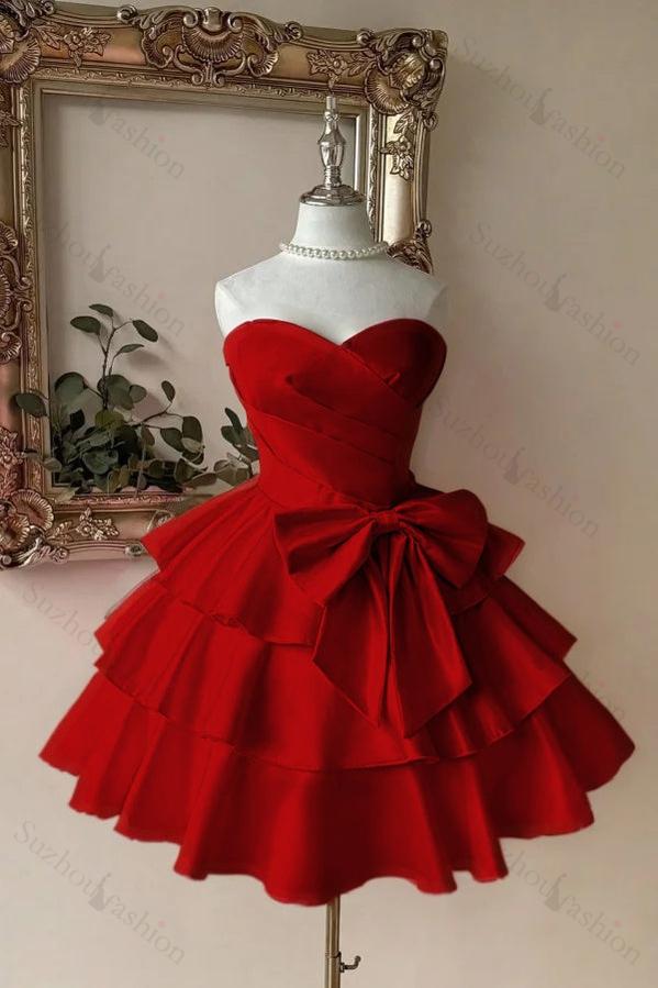 Sweetheart Homecoming Dress A Line Tiered Satin Short Evening Formal Dress With Bowknot