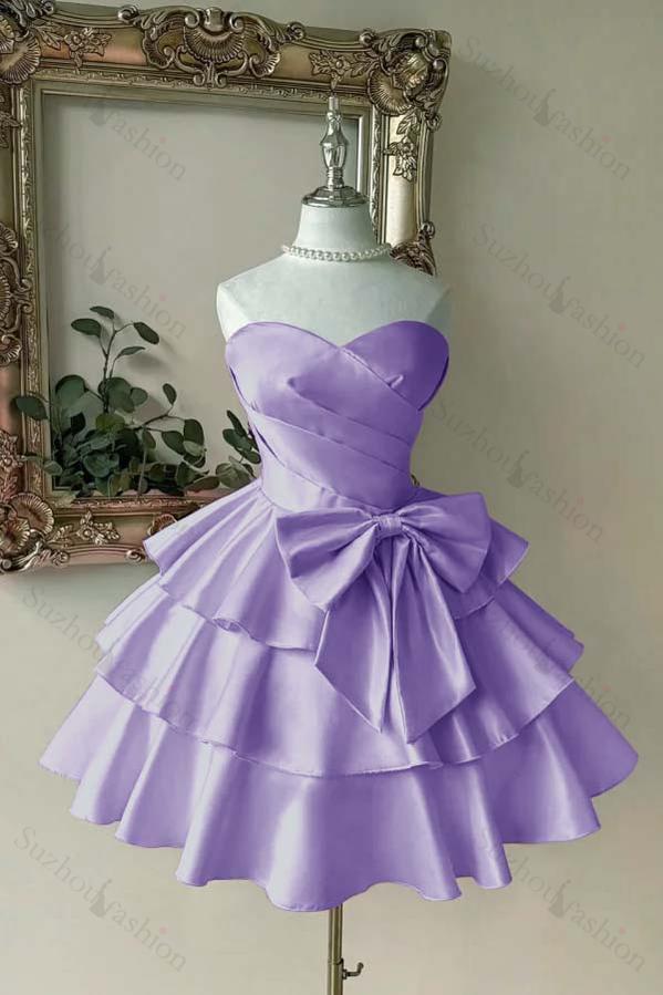 Sweetheart Homecoming Dress A Line Tiered Satin Short Evening Formal Dress With Bowknot