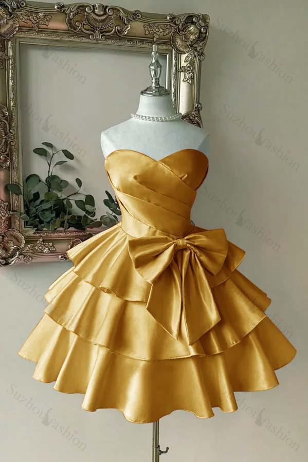 Sweetheart Homecoming Dress A Line Tiered Satin Short Evening Formal Dress With Bowknot