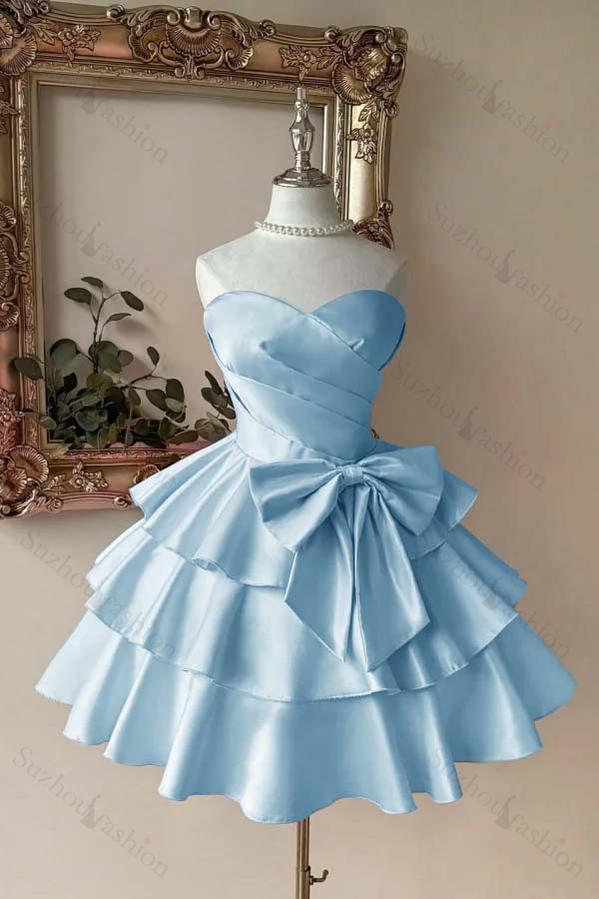 Sweetheart Homecoming Dress A Line Tiered Satin Short Evening Formal Dress With Bowknot
