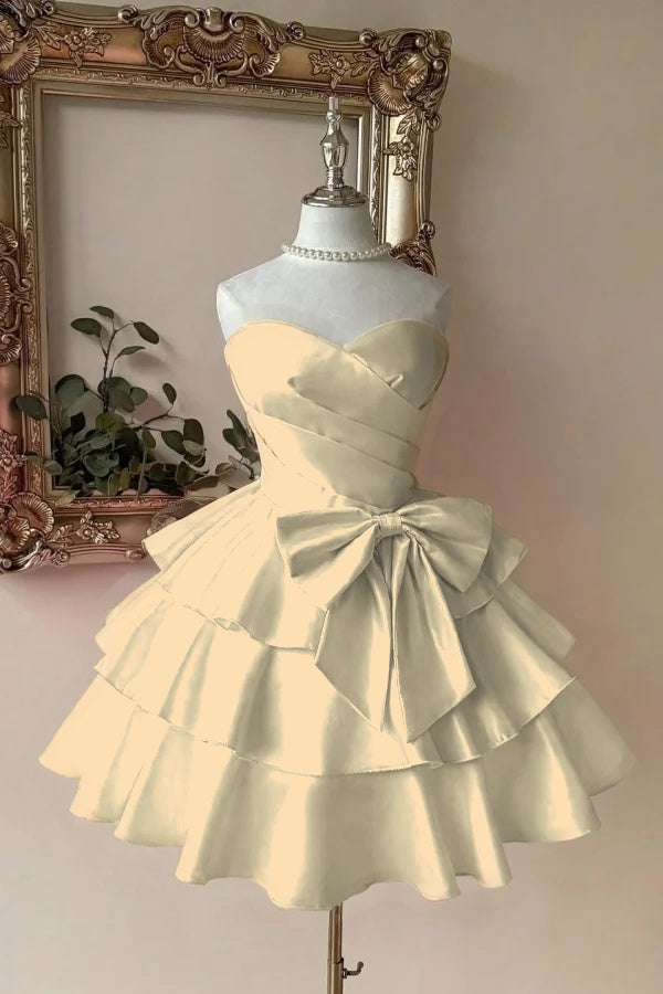 Sweetheart Homecoming Dress A Line Tiered Satin Short Evening Formal Dress With Bowknot