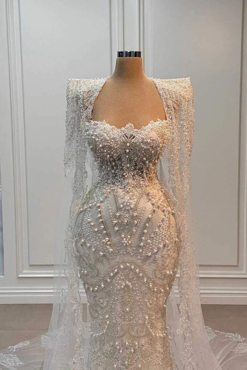 Sweetheart Ivory Mermaid Wedding Dress Beaded Floor Length Bridal Dress with Cape